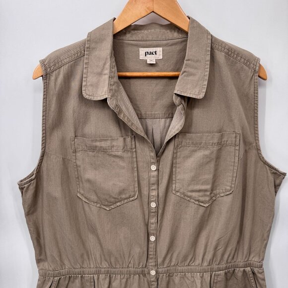 Pact Safari Romper Shortalls Womens XL Khaki Organic Cotton Elastic Waist - Picture 2 of 10